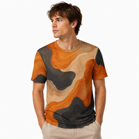 T-shirt pour homme en popeline 3D à motifs, 100% polyester, orange brûlé, terrain fluide, séchage rapide, respirant, col rond, prêt à être expédié