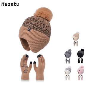 Ensemble bonnet et gants d'hiver en peluche avec pompon, <span class=keywords><strong>cache</strong></span>-<span class=keywords><strong>oreilles</strong></span>, <span class=keywords><strong>bandeau</strong></span>, bonnet tricoté rembourré, gants tactiles <span class=keywords><strong>pour</strong></span> femme - Product Image 2