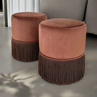 Pouf Rond en Velours Design Moderne avec Pompons, Ottoman Rond pour Salon, Chaise de Coiffeuse à Franges, Tabouret de Maquillage et Chaussures pour Chambre