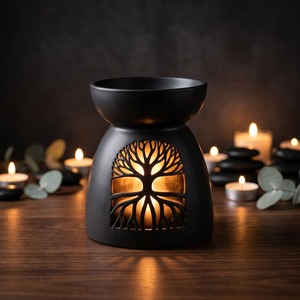 <b>Ceramic</b> Essential Oil <b>Diffuser</b> Round Tree Design Engraved Long Lasting Aroma Black - Product Image 4