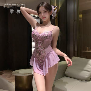 Robe une pièce <span class=keywords><strong>en</strong></span> dentelle florale séduisante avec entrejambe ouvert Design à bretelles Sous-vêtements minces améliorant l'intimité - Product Image 4