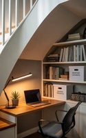 Meubles de rangement modulaires écologiques et modernes pour sous-escalier, incluant des étagères à livres et des rangements pour jouets, pour appartement et salon