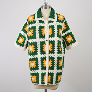 <span class=keywords><strong>Polo</strong></span> Vintage con Bottoni e Collo a V, Aderente, Estiva a Maniche Corte, in Maglia Aperta, Casual in Cotone <span class=keywords><strong>Jacquard</strong></span> all'Uncinetto - Product Image 1