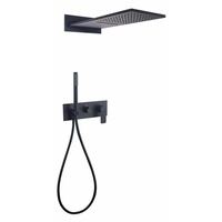 Système de douche contemporain en laiton avec pommeau pluie, bras flexible courbé, jet doux, mitigeur monocommande et douchette à main avec cartouche céramique