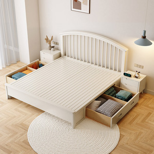 Solid Wood <b>Bed</b> 1.5M 1.8M Storage Low Box Nordic Style Master Bedroom <b>Double</b> <b>Bed</b> Ivory <b>White</b> Cherry Wood Color - Product Image 3