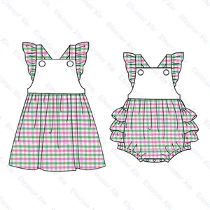 Monogram check gingham cotton dress for kids girls sisters matching baby bubble romper