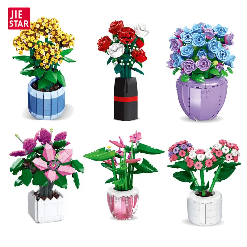 JIESTAR DIY kreative Blumenstrauß Bonsai Topfpflanze Modell Baustein Set romantische Dekor für Zuhause Mädchen Frau Blumen spielzeug