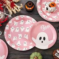 XUECE 48 Assiettes en papier jetables fantômes roses pour Halloween, 7 et 9 pouces, décoratives pour fêtes