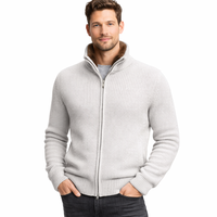Veste en cachemire et laine pour homme à double fermeture éclair en bleu marine, pull bomber en tricot côtelé épais avec col en fausse fourrure pour vêtements d'extérieur d'hiver de luxe