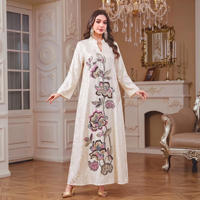 Abaya Jacquard pour Femme, Col Montant Décontracté, Broderie Florale à Paillettes et Perles, Grande Taille, Manches Longues, Robe Longue Modeste de Dubaï