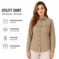 Kemeja Wanita Khaki Polyester Katun Saku Dada Berpenutup Kerah Runcing Kancing Depan Lengan Berdetail Lipatan Ujung Melengkung Langsung dari Pabrik