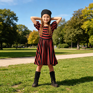 Disfraz de pirata a rayas rojas y negras para niñas con pañuelo para <span class=keywords><strong>la</strong></span> cabeza, vestido de manga corta con corte en A para cosplay de Halloween - Product Image 3