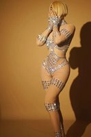 Luxe voir à travers strass body pour femmes maille barboteuses danseuse justaucorps dame à manches longues discothèque fête moulante combinaisons