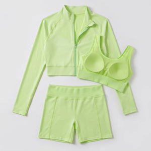 3 Piece Yoga <b>Set</b> Women Custom Logo Neon Green Workout Clothes Seamless Biker Shorts Sports Bra Cropped Zip Up Jacket Gym <b>Set</b> - Product Image 3