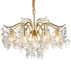 MEEROSEE Modern Bamboo Leaf Pendant Lamp Electroplated Gold Light K9 Crystal Chandelier Luxury Fancy Light MD85729