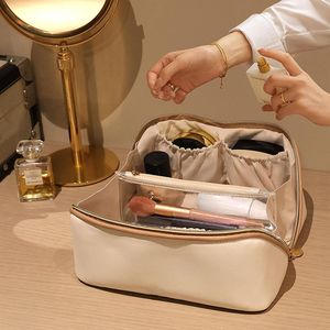 Beige Women Makeup <strong>Bag</strong> <strong>Travel</strong> Waterproof Vegan Leather Cosmetic <strong>Bag</strong> Open Flat <strong>Toiletry</strong> <strong>Bag</strong> With <strong>Clear</strong> Divider and Handle - Product Image 4