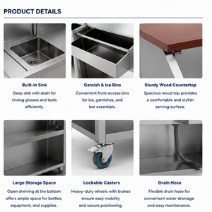 Heavy Duty Stainless Steel Mobile <b>Bar</b> Station, Portable Catering <b>Bar</b> Cart with Sink & Storage for Restaurant Outdoor Event - Product Image 2