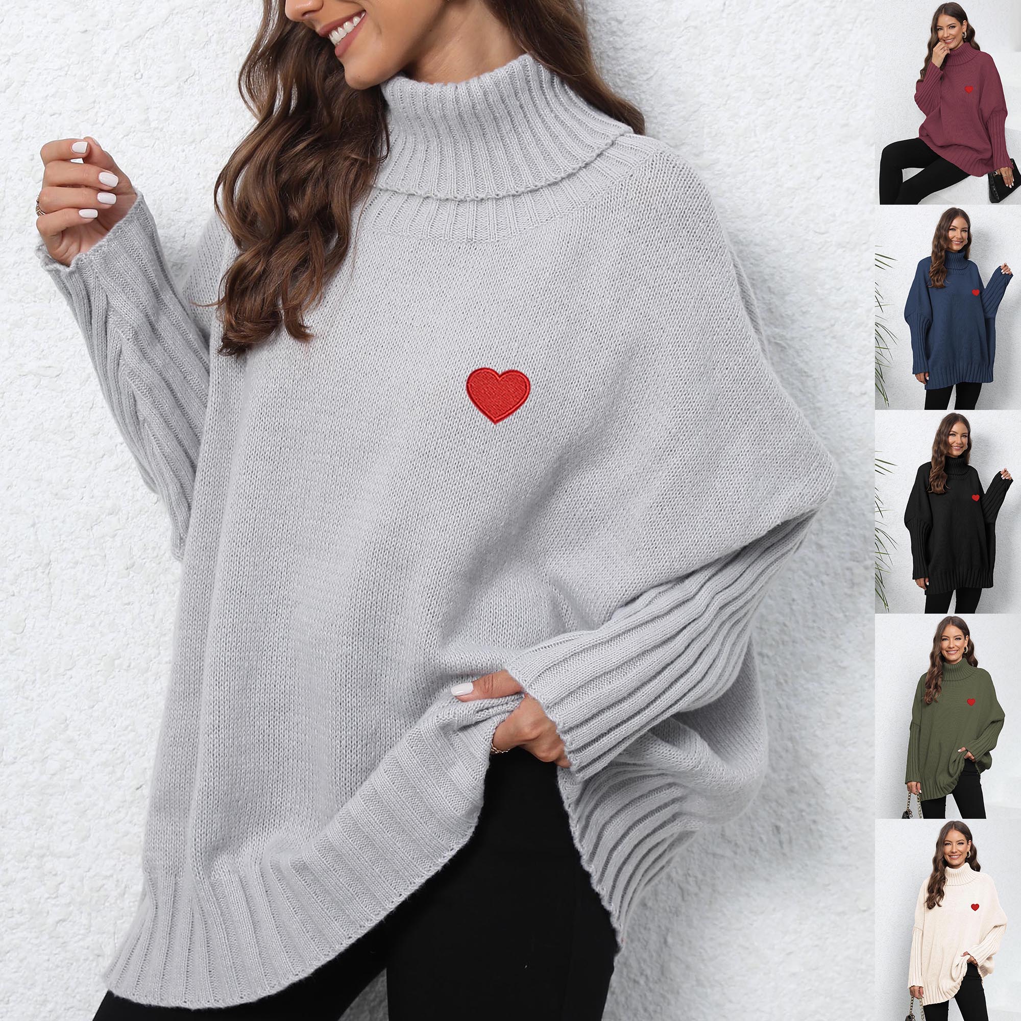 Women's Winter Jumper with High Turtle Neck & Red Heart Embroidery