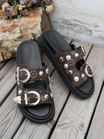 Sandales compensées de luxe à double boucle et bout ouvert pour femme, motif monogramme marron, tendance mode, semelle épaisse
