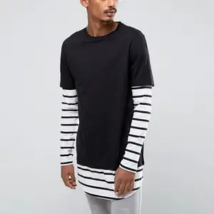 Clothing Suppliers Longline Striped Long Sleeves Double Layer T-Shirt For Men