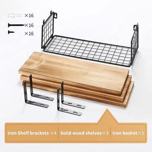 Wall Mounted Wooden Storage Rack 3 Tier Iron Wood Combined Floating <b>Shelf</b> For Kitchen Living Room Plant Display - Product Image 5