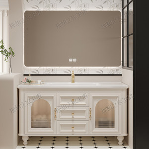 Mueble de Baño de Roble Estilo Americano Color Crema Francés con <span class=keywords><strong>Espejo</strong></span> Inteligente, Lavabo Integrado de Cerámica Impermeable y Superficie de Piedra - Product Image 3