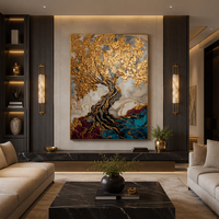 Peinture à l'huile sur toile de luxe, paysage abstrait vertical d'arbre doré peint à la main, texture épaisse, feuille d'or, art mural encadré pour