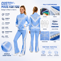 Set Pemanasan Cheerleader All Star Custom Warna Biru Es Putih Perak Motif Kepingan Salju Jaket Full Zip Celana Flare Set Latihan