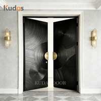 Porte d'entrée principale de luxe en bois massif noir, sculptée en relief 3D circulaire, style Art Moderne, avec poignée ronde personnalisée