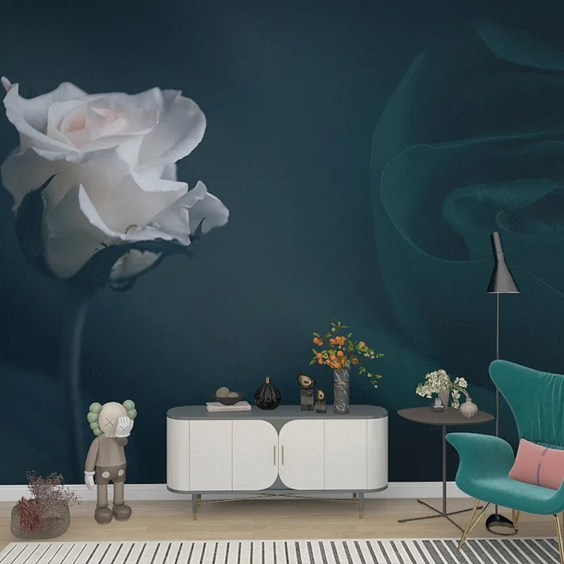 Hoa hồng trắng hình nền TV nền hình nền màu xanh lãng mạn phòng ngủ phòng khách ấm áp trang trí phòng cưới bức tranh Tường Vải
