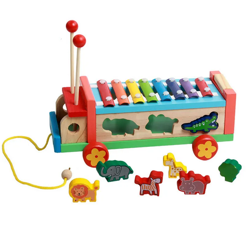 Hand knock cartoon toys early educational xylophone piano truck toy wooden musical pounding toys