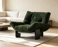 Fauteuil lounge moderne avec base en bois massif - Fauteuil d'appoint ergonomique en tissu bouclé vert foncé pour salon, café ou utilisation en café