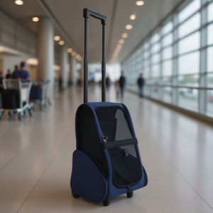 Sac de transport pour animaux de compagnie en polyester bleu avec roulettes, design confortable pour les voyages - Product Image 2