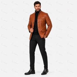 Blazer homme en cuir véritable, col mandarin, coupe ajustée, marron, simple boutonnage, logo sur le devant - Product Image 2