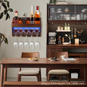 Wooden Wall Mounted Shelf 3 Tier Led Lighted Wine Glass Display Rack For <b>Kitchen</b> Party Storage - Product Image 4
