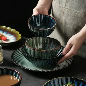 Wholesale Japanese Style Kiln Retro Style Misty Green Porcelain Tableware Dinner Set Plate