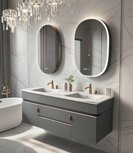 Mueble de Baño de Madera Gris, Mueble de Baño Personalizado con Estantes, Juego de Tocadores de Baño con Cajones y Espejo - Product Image 3
