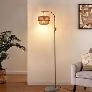 مصباح أرضي قابل للتعتيم بتصميم حديدي ذهبي دافئ مع غطاء من حبل القنب وإضاءة ذهبية 3000 كلفن - Product Image 1