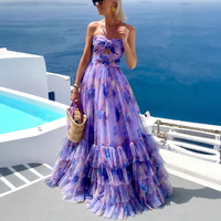 Robe longue en tulle à imprimé floral violet, col halter, bretelles spaghetti, volants superposés, pour invitées de mariage, séances photo et soirées