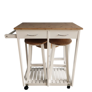 Tavolo pieghevole da cucina in legno con due sgabelli negozio sotto il carrello, <span class=keywords><strong>4</strong></span> rotelle, 2 <span class=keywords><strong>cassetti</strong></span> portaoggetti, rotondo, naturale - Product Image 1