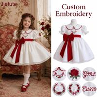 Robe de Soirée Formelle Fille Jiefute en Gros, Motif Floral d'Été, Velours Rouge Ivoire, Nœud en Satin, Broderie Personnalisable, Robe de Fête pour Enfants