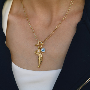 Collier en acier inoxydable Evil Eye avec breloques fer à cheval, trèfle et éléphant – Bijou tendance pour cadeau - Product Image 3