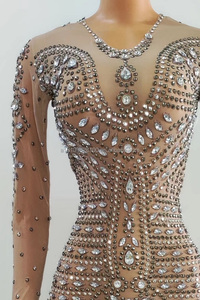 Robe de soirée sexy en maille transparente brillante avec diamants, maille extensible, robe de performance pour boîte de nuit - Product Image 4