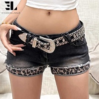 Celana Pendek Denim Jorts Wanita LARSUR Custom Factory, Model Patchwork Leopard, Distressed Washed Raw Edge