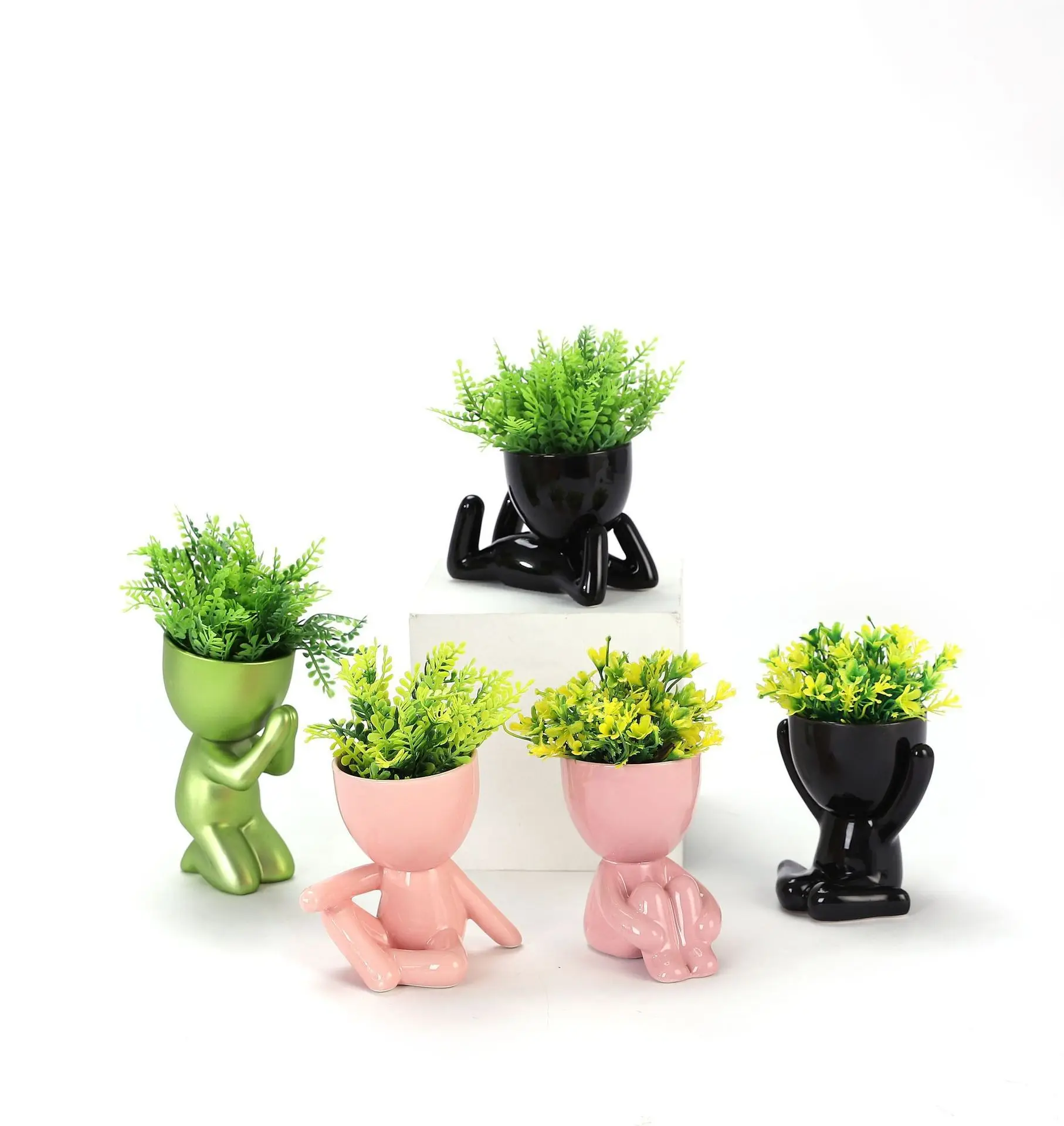 Maceta de cerámica con forma humana para suculentas, macetas de Cactus pequeñas de 3 pulgadas, Mini plantas de escritorio