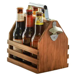 Sıcak satıyor bira taşıyıcı 6 paket bira ambalaj kutusu ahşap hizmet Caddy ahşap bira taşıyıcı tuval ahşap şişe Caddy