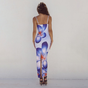 Robe longue imprimée sans manches, col carré, taille naturelle, dos nu, en polyester, idéale pour la plage ou l'été - Product Image 4