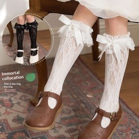 Calcetines de media pantorrilla con diseño de encaje de malla calada y cuentas adornadas estilo lolita, dulces, de verano, para niños, de nailon.