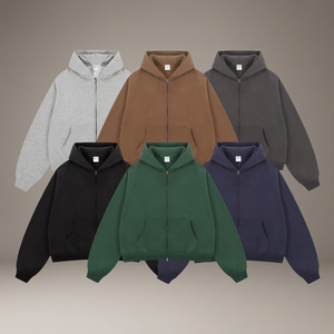 Sweat à capuche court unisexe pour couple, collection Automne Hiver, style Artie Master, avec double fermeture éclair, grammage lourd 350g, couleur unie, coupe vintage ample et oversize en polaire - Product Image 3