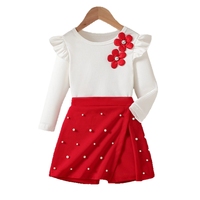 Conjunto de Ropa de Moda Infantil de Otoño de Alta Calidad, Blusa de Manga Larga con Volantes, Falda Corta Roja con Perlas, 2 Piezas, Conjunto de Ropa Navideña para Niñas